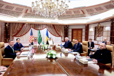 (From left) U.S. National Security Advisor Mike Waltz, U.S. Secretary of State Marco Rubio, Saudi Foreign Minister Prince Faisal bin Farhan Al Saud, Saudi National Security Advisor Mosaad bin Mohammad al-Aiban, Ukrainian Foreign Minister Andrii Sybiha, Ukrainian Head of Presidential Office Andriy Yermak, and Ukrainian Minister of Defense Rustem Umerovto, hold a meeting in Jeddah, Saudi Arabia, on March 11, 2025. Saul Loeb/Pool Photo via AP
