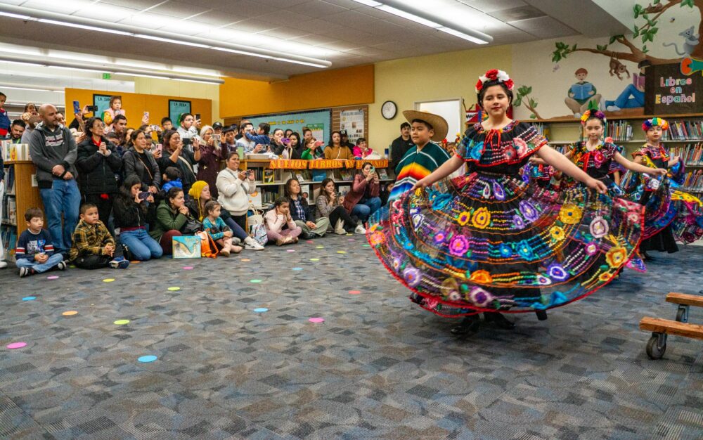 Children deliver a folklorico performance for attendees of the “Dia de los Niños/Dia de los Libros” celebration at the Jo Anne Darcy Library in Canyon Country, Calif. on April 26, 2025. Katherine Quezada/The Signal
