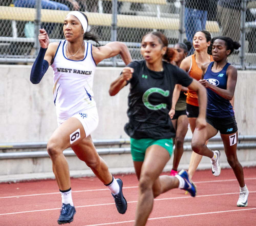 West Ranch's Tamea Crear places second in the girls' 100 meter dash at the Foothill League track and field finals at College of the Canyons on Thursday, May 1, 2025. Habeba Mostafa/ The Signal