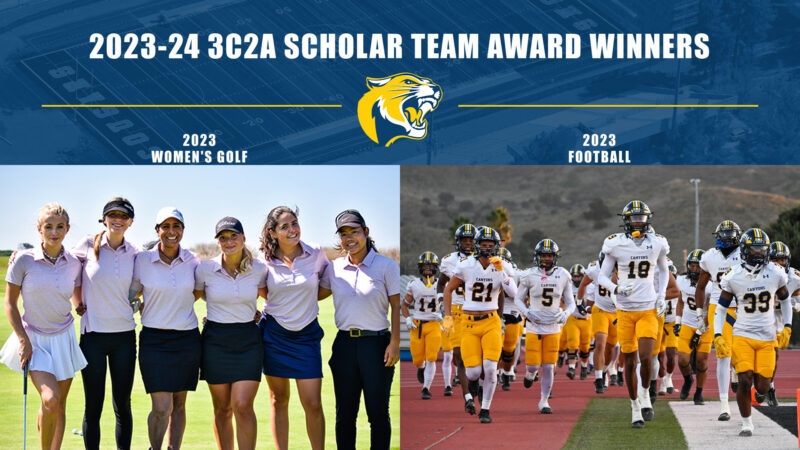 The 2023 state championship College of the Canyons women's golf team and the 2023 Cougars football team have both been named 2023-24 California Community College Athletic Association (3C2A) Scholar Team Award winners. Graphic courtesy of COC.