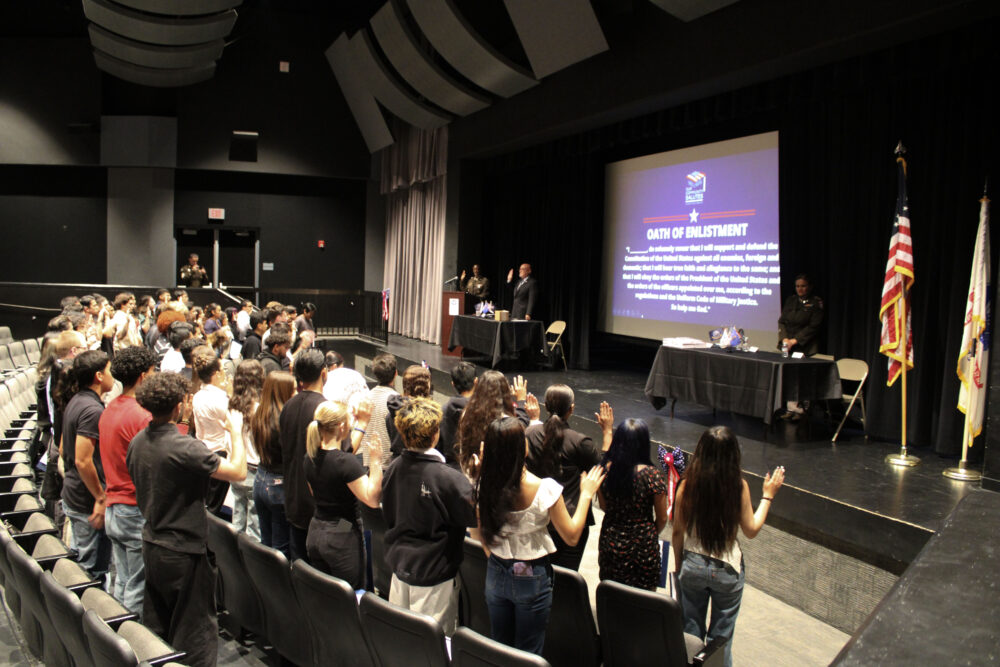 Enlisting students take the Oath of Enlistment at the Our Community Salutes of Santa Clarita and Kiwanis Club of Santa Clarita ceremony at Golden Valley High School in Canyon Country, Saturday, May 17, 2025. Kamryn Martell/The Signal