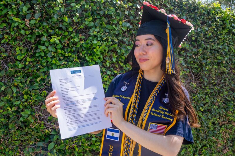Christina Paz Arguello with her acceptance letter from Oxford University on May 24, 2025 in Canyon Country, Calif. Katherine Quezada/The Signal