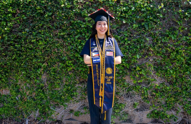 Future Oxford student Christina Paz Arguello with her graduation attire from UC Berekeley on May 24, 2025 in Canyon Country, Calif. Katherine Quezada/The Signal