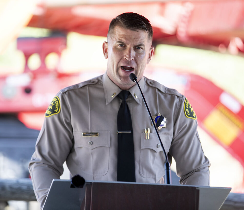 Lt. Brandon Barclay, acting captain for the Santa Clarita Valley, speaks to the crowd during the Summer Fire Safety Press Conference at Towsley Canyon Trailhead on Friday, June 20, 2025. Habeba Mostafa/ The Signal