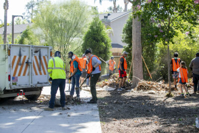 Volunteers raked mulch during the city of Santa Clarita's Community Beautification Day in Valencia at Valencia Glen Park on Saturday, June 28, 2025. Habeba Mostafa/ The Signal