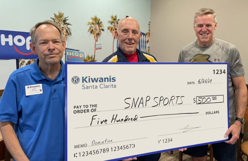 From left: Mark E. Hartzell, president of the Kiwanis Club of Santa Clarita, Rob Muir with SNAP Sports and Curt Hill with SNAP Sports. Courtesy photo.