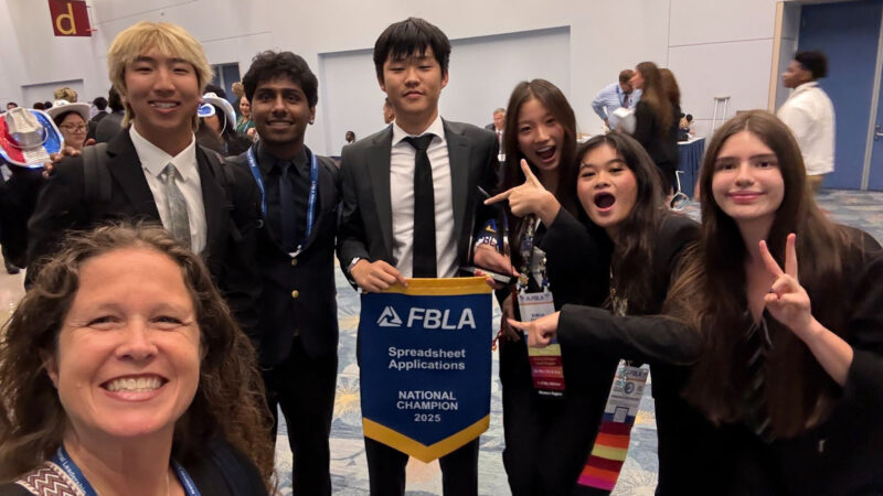 West Ranch High School’s Future Business Leaders of America representatives: Adviser Tanja Brosche, Graden Choe, Aiden Jojo, Bryce Lee, Sirui Zhang, Sofia Yuvienco and Shiley Jafarzadeh. Courtesy photo.