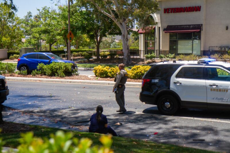 A two vehicle collision shears a fire hydrant near the intersection of Decoro Drive and McBean Parkway in Valencia on July 23, 2025. Katherine Quezada/The Signal
