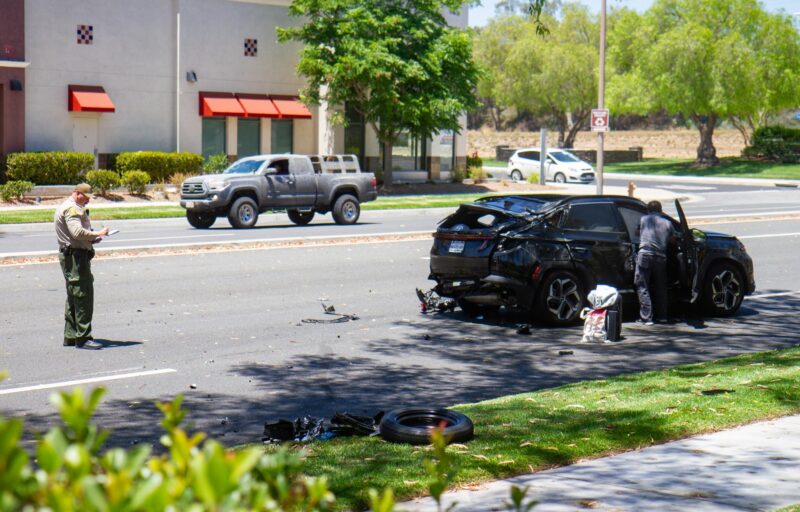 A two vehicle collision shears a fire hydrant near the intersection of Decoro Drive and McBean Parkway in Valencia on July 23, 2025. Katherine Quezada/The Signal