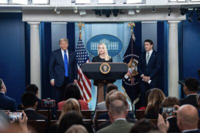 President Donald Trump (L), Attorney General Pam Bondi (C), and Deputy Attorney General Todd Blanche (R) speak to reporters in the James S. Brady Press Briefing Room at the White House on June 27, 2025. Photo by Madalina Kilroy.