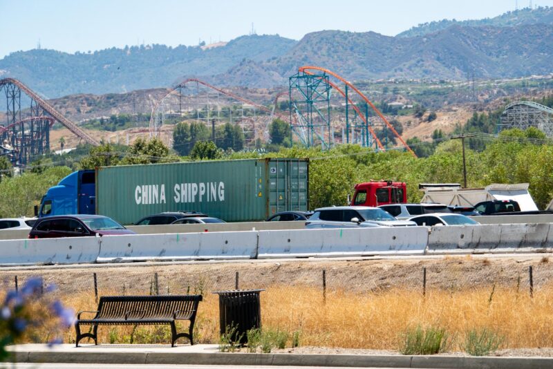 Traffic comes to a stop on the southbound side of Interstate 5 near Magic Mountain Parkway following reports of a motorcycle down collision on July 15, 2025 in Valencia, Calif. Katherine Quezada/The Signal