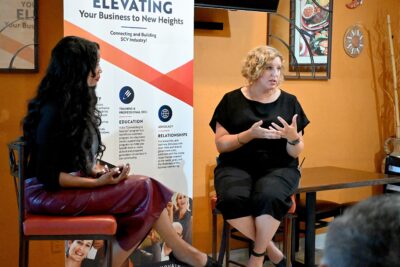 From left: Valley Industry Association’s Selina Thomas and Assemblywoman Pilar Schiavo, D-Chatsworth, take part in “Cocktails and Conversation” at Margarita’s Mexican Grill in Valencia, July 24, 2025. Michael Picarella/The Signal