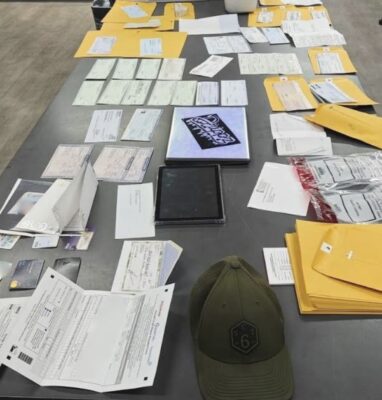Forged checks and other sensitive personal informaion confiscated from a Lancaster woman follwing a traffic stop on July 24,2025 in Saugus, Calif. Courtesy of the Santa Clarita Valley Sheriff's Station.