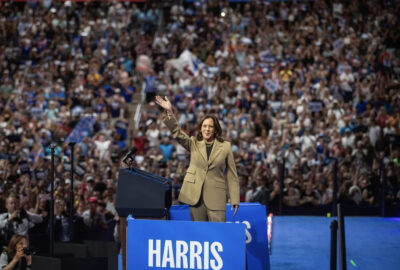 Then-Vice President Kamala Harris speaks to the crowd during her presidential campaign rally at the Desert Diamond Arena in Glendale, Ariz., on Aug. 9, 2024. Harris announced Wednesday that she will not run for California governor in 2026. Photo by Larry Valenzuela, CalMatters/CatchLight Local