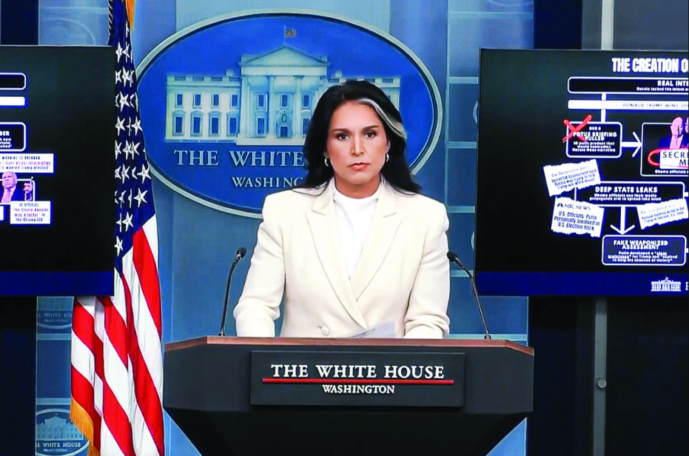 Director of National Intelligence Tulsi Gabbard speaks during a press briefing at the White House on July 23, 2025. Gabbard released new evidence on how the Trump–Russia narrative was created around the 2016 elections. Screenshot.