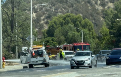 A fire hydrant sprays water onto Via Princessa near Sierra Highway in Canyon Country on Thursday afternoon, July 31, 2025. Photo courtesy of Nathan Meeks