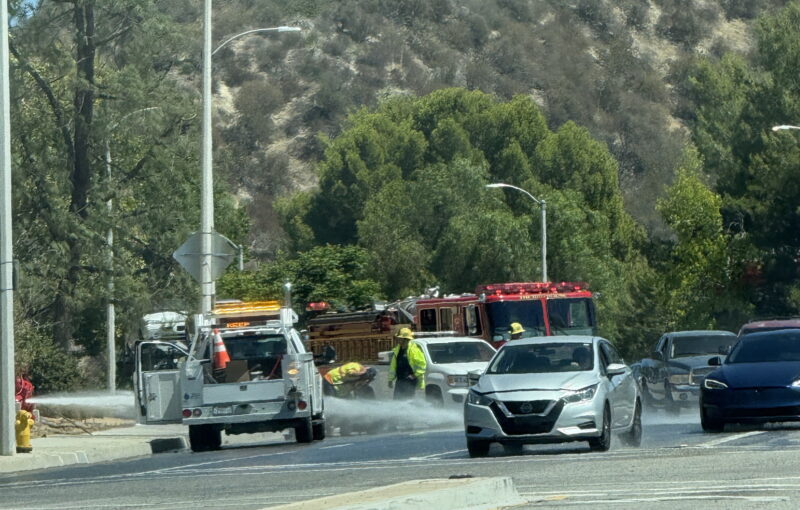 A fire hydrant sprays water onto Via Princessa near Sierra Highway in Canyon Country on Thursday afternoon, July 31, 2025. Photo courtesy of Nathan Meeks