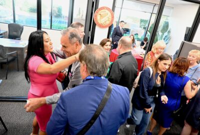 Sen. Suzette Martinez Valladares, R-Acton, greets guests during her office’s grand opening in Valencia on Tuesday evening, Aug. 5, 2025. Michael Picarella/The Signal