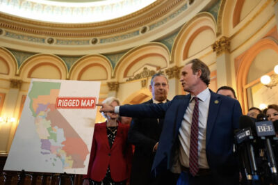 Republican Assemblymember James Gallagher addresses the media during a press conference at the State Capitol in Sacramento on the current national redistricting battle between Democrats and Republicans on Aug. 18, 2025. Photo by Miguel Gutierrez Jr., CalMatters