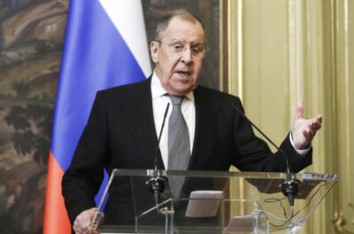 Russian Foreign Minister Sergei Lavrov at a press conference in Moscow on Feb. 27, 2024. Pool photo by Maxim Shipenkov / AFP via Getty Images