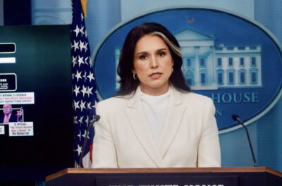 Director of National Intelligence Tulsi Gabbard speaks to reporters during a briefing at the White House in Washington on July 23, 2025. Photo by Travis Gillmore.