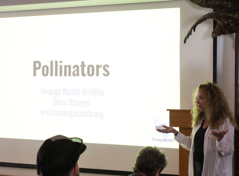 Dana Stangel, executive director of Teranga Ranch, speaks to the audience at the "Pollinators on Parade" at the Placerita Canyon Nature Center, Sunday, Aug. 17, 2025. Kamryn Martell/The Signal