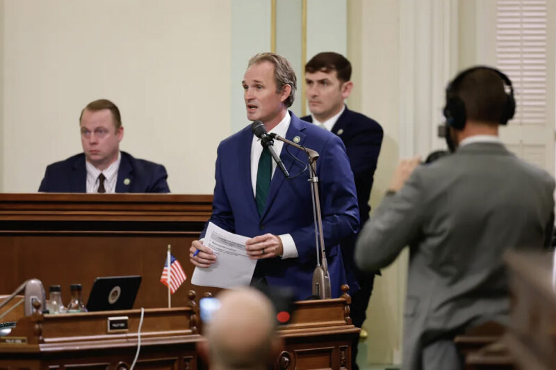 Republican Assemblymember James Gallagher addresses fellow lawmakers on the Assembly floor at the state Capitol in Sacramento on Aug. 21, 2025. Lawmakers are expected to vote on a redistricting plan intended to counter a similar move by the Texas Legislature. Photo by Fred Greaves for CalMatters