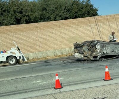 A sports car crashed and caught fire Friday afternoon on Interstate 5 just north of the Calgrove Boulevard on-ramp. Signal staff photo.