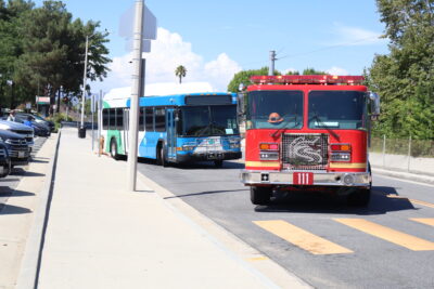 A Santa Clarita city bus struck a fire hydrant in front of Arroyo Seco Junior High School in Saugus, Aug. 25, 2025. Kamryn Martell/The Signal