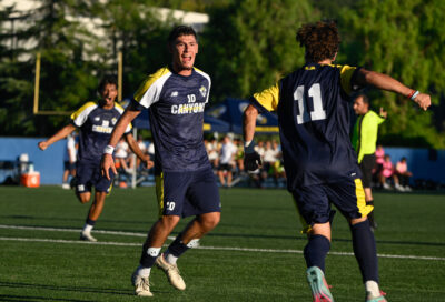 Carlos Mendez (10) celebrates with Andrew Sorto (11), who scored the lone goal in College of the Canyons’ win over Moorpark College on Tuesday, Aug. 26, 2025. Photo by Robert Hanashiro/COC Sports Information
