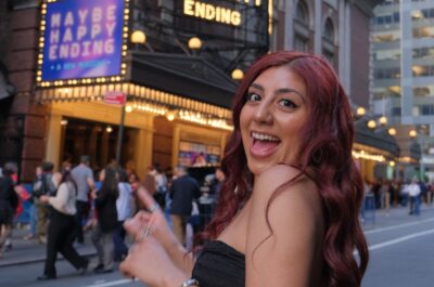 Clarissa Vidal Cueva celebrates her Tony Award win in front of the Belasco Theatre in New York, June 9, 2025. Photo courtesy of Katarina Vidal Cueva