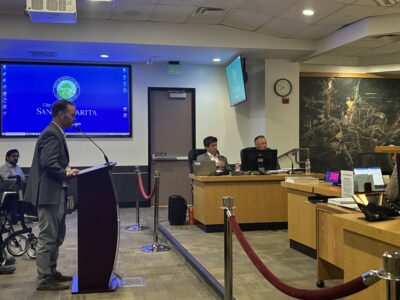 Jason Tolleson, principal of Serrano Development Group, makes his case to the Santa Clarita City Council on Tuesday. Perry Smith/The Signal