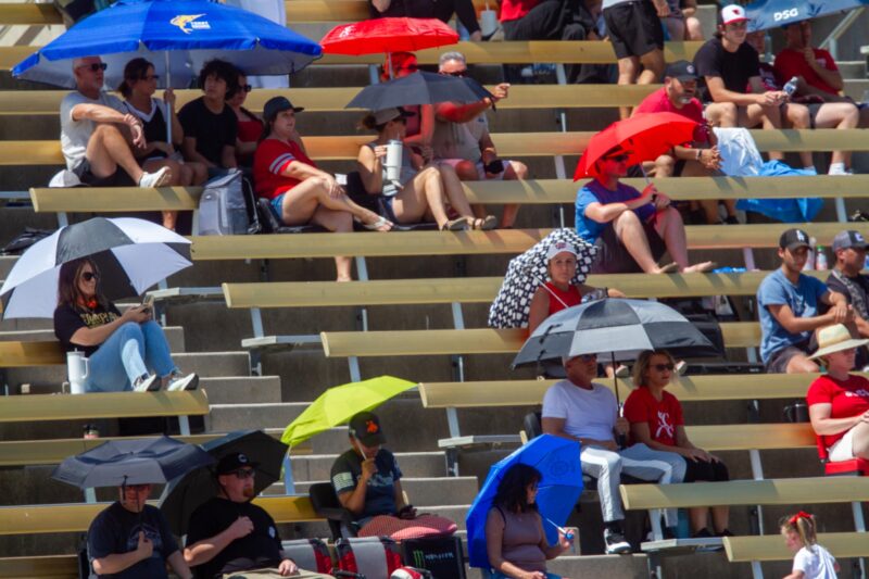 People shield themselves from the sun with umbrellas during a football game on Aug. 30, 2025 at College of the Canyons. Katherine Quezada/The Signal