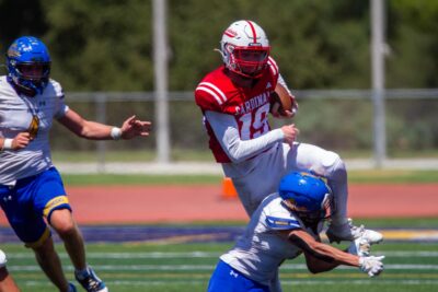 SCCS tight end Caleb Shaffer (19) is tackled down by a Avalon player during their game on Aug. 30, 2025. Katherine Quezada/The Signal