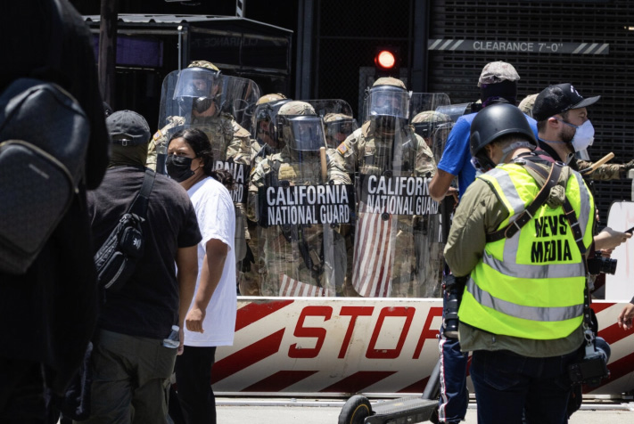 Protesters confront federal agents and California Army National Guardsmen in Los Angeles on June 8, 2025. Photo by John Fredricks.