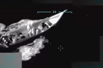 The U.S. military conducts a strike against an alleged drug boat tied to the cartel Tren de Aragua, in a still from video of the strike shared by President Donald Trump on Truth Social on Sept. 2, 2025. @realDonaldTrump via Truth Social