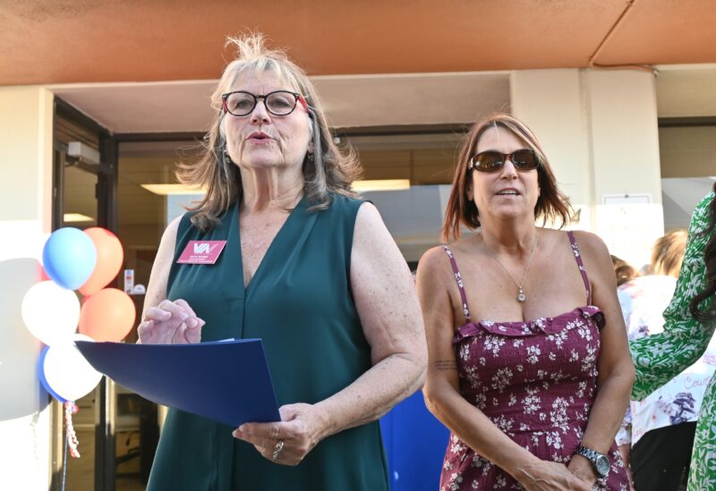 From left: Kathy Norris speaks about Lisa Burke and Santa Clarita Concessions during a 70th anniversary After Five Mixer at the Concessions building in Canyon Country, Aug. 29, 2025. Michael Picarella/The Signal
