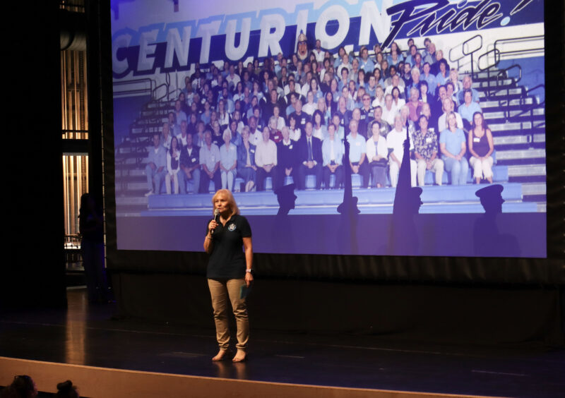 Diane Hamburger, assistant principal at Saugus High School, kicks off the celebration at the "Saugus High School 50th" celebration, Monday, Sept. 8, 2025. Kamryn Martell/The Signal