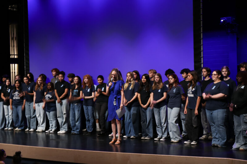 Geni Peterson Henry (blue dress), principal of Saugus High School, gives a speech at the "Saugus High School 50th" celebration, Monday, Sept. 8, 2025. Kamryn Martell/The Signal