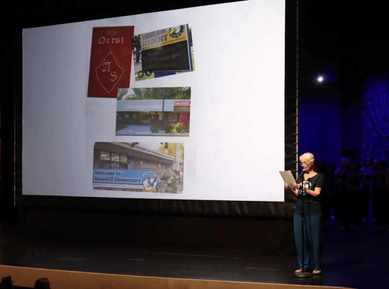 Tina Landrum, chairperson of the class of 1978's reunion commitee, speaks about Saugus High School at the "Saugus High School 50th" celebration, Monday, Sept. 8, 2025. Kamryn Martell/The Signal