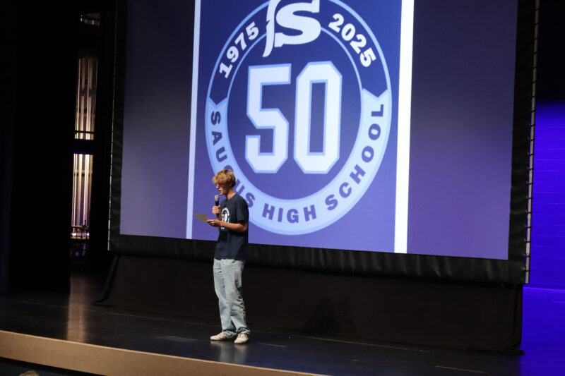 Daniel Nilson, 11th grade student at Saugus High School, read his speech about Saugus High at the "Saugus High School 50th" celebration, Monday, Sept. 8, 2025. Kamryn Martell/The Signal