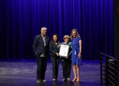 The city of Santa Clarita City Council pose with Geni Peterson Henry, principal of Saugus High School, at the "Saugus High School 50th" celebration, Monday, Sept. 8, 2025. Kamryn Martell/The Signal