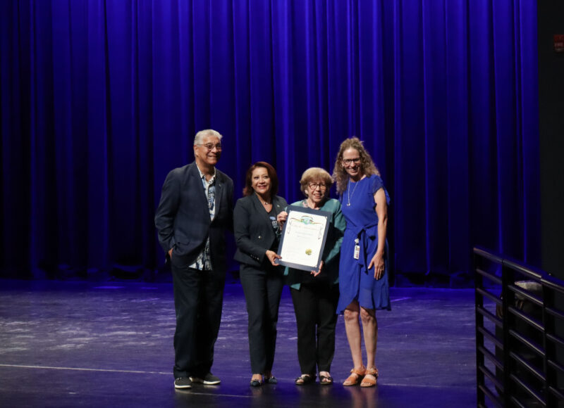 The city of Santa Clarita City Council pose with Geni Peterson Henry, principal of Saugus High School, at the "Saugus High School 50th" celebration, Monday, Sept. 8, 2025. Kamryn Martell/The Signal