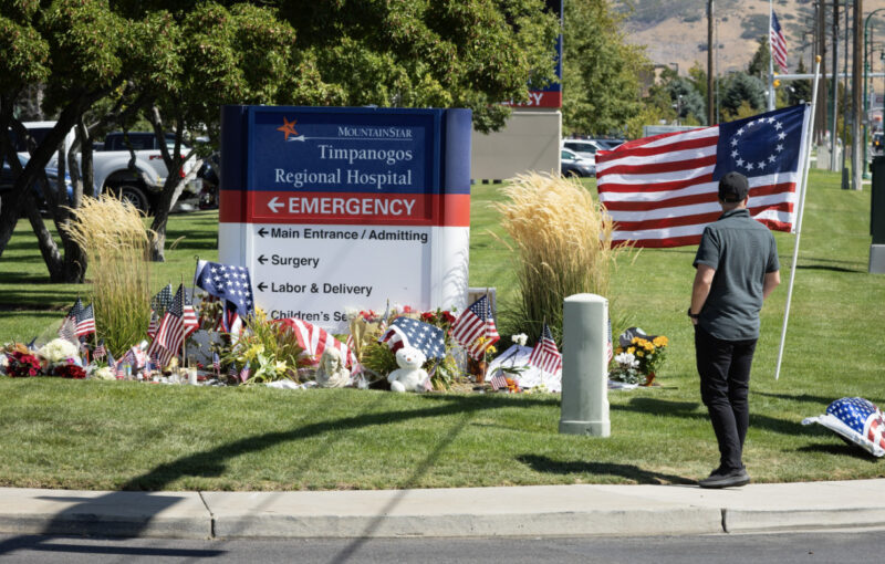 People lay flowers and items in memory of Charlie Kirk at Timpanogos Regional Hospital, in Orem, Utah, on Sept. 11, 2025. Photo by John Fredricks.