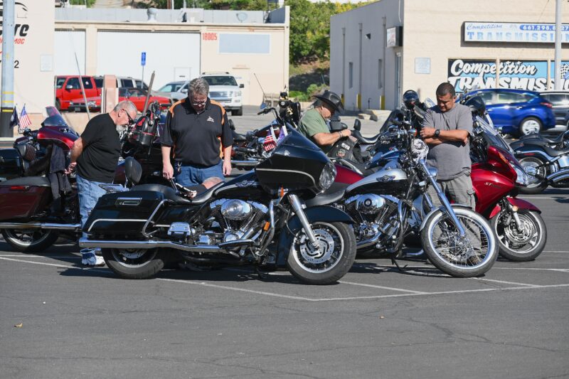 Riders check out others’ motorcycles during the Blue Star Ranch Second Annual Charity Poker Motorcycle Ride at the Mint Canyon Moose Lodge in Canyon Country, Sept. 13, 2025. Michael Picarella/The Signal