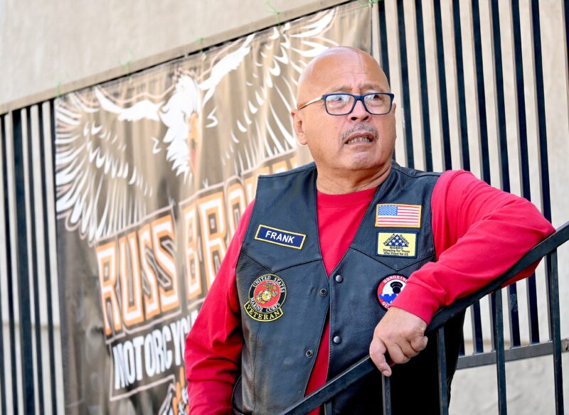 Rider Frank Alcantar waits for others to check in during the Blue Star Ranch Second Annual Charity Poker Motorcycle Ride at the Mint Canyon Moose Lodge in Canyon Country, Sept. 13, 2025. Michael Picarella/The Signal