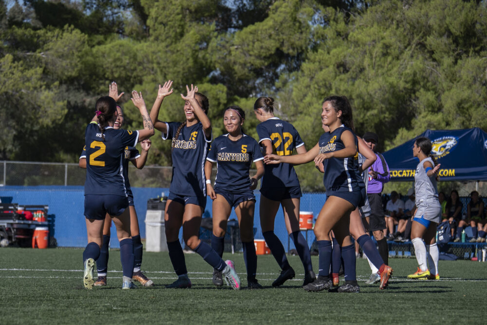 College of the Canyons women's soccer celebrates during the team’s 4-0 victory over visiting San Diego Mesa College last week. Photo by Carla Sophia Velasco/COC Sports Information.