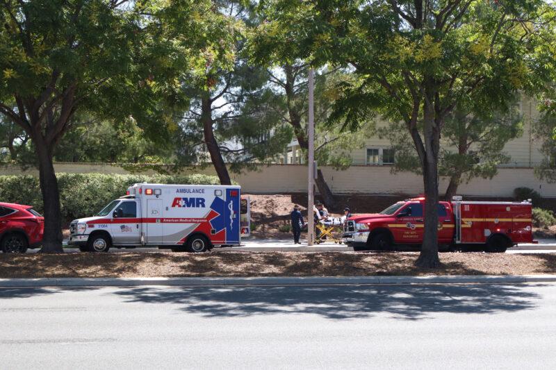 A man gets loaded into an ambulance after a road rage incident at the intersection of Baywood Lane and McBean Parkway, Monday, Sept. 15, 2025. Kamryn Martell/The Signal