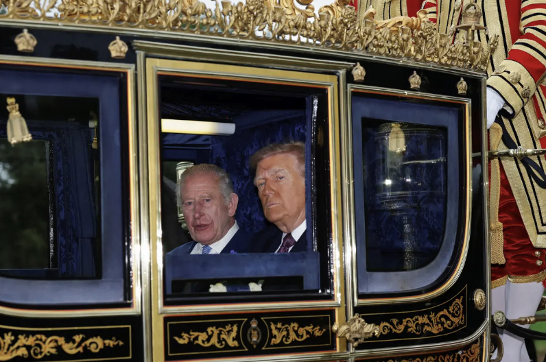 King Charles III and U.S. President Donald Trump sit in a carriage during a procession through Windsor Castle during the state visit by the president of the United States of America in Windsor, England, on Sept. 17, 2025. Photo by Toby Melville - WPA Pool/Getty Images