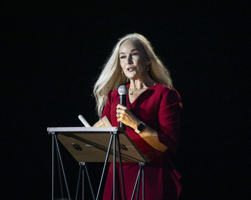 William S. Hart Union School District Board Member Erin Wilson discusses the power of prayer during the Charlie Kirk Candlelight Vigil at Marketplace Park in Valencia on Wednesday, Sept. 17, 2025. Habeba Mostafa/ The Signal